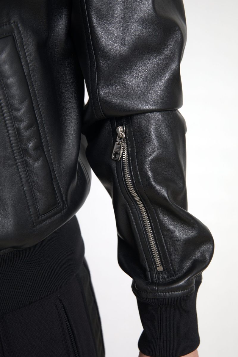  - Elegant Black Leather Bomber Jacket