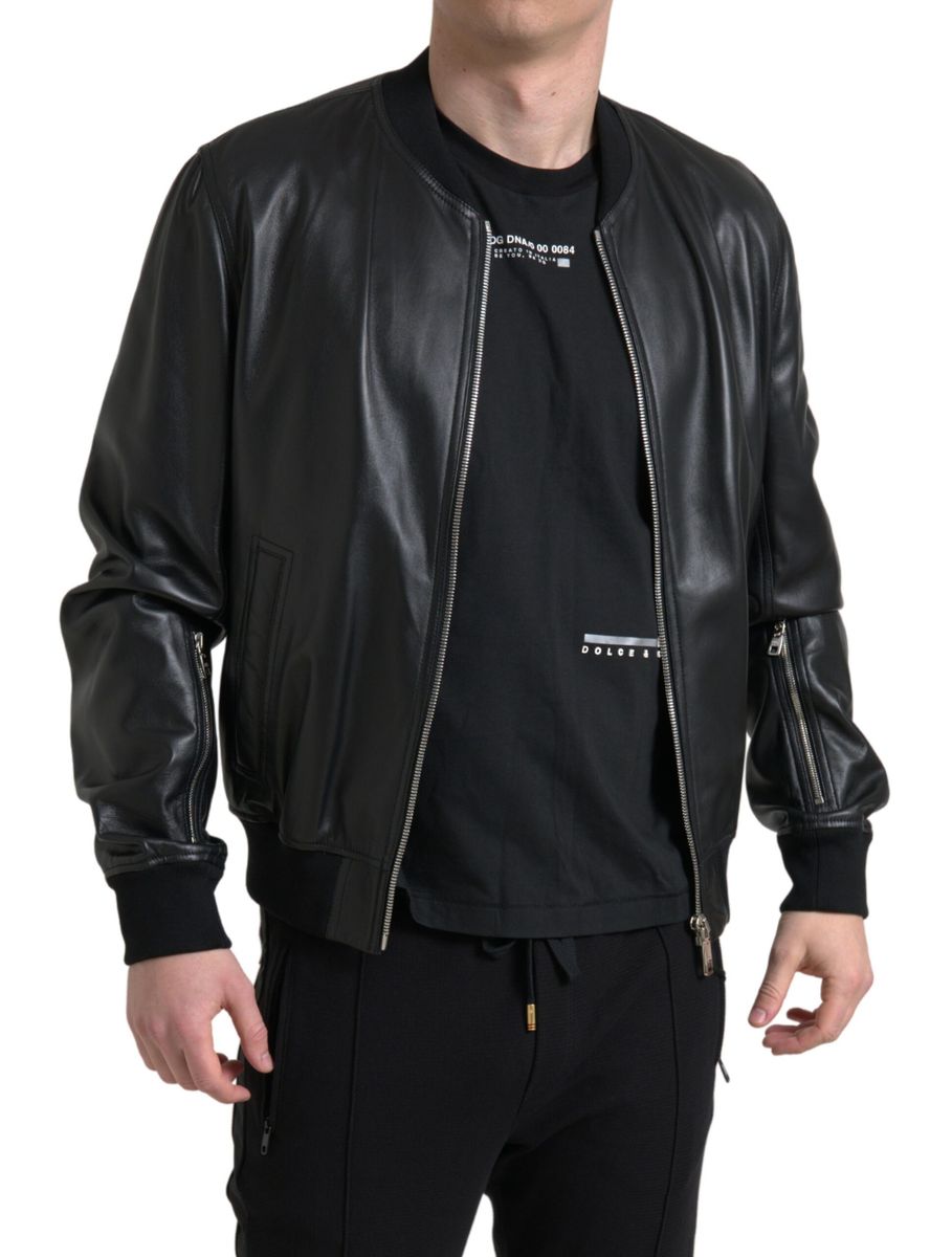  - Elegant Black Leather Bomber Jacket