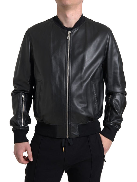  - Elegant Black Leather Bomber Jacket