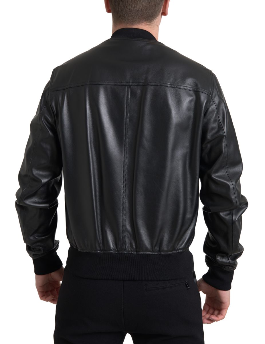  - Elegant Black Leather Bomber Jacket