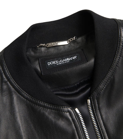  - Elegant Black Leather Bomber Jacket