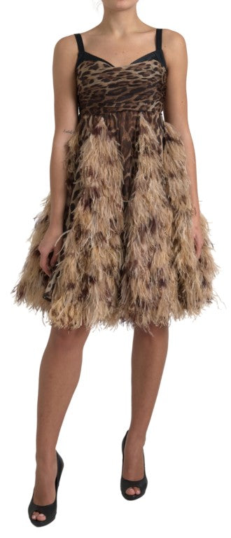  - Sleeveless Leopard Chiffon Ostrich-Feather Dress