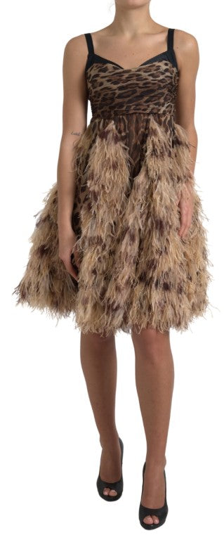  - Sleeveless Leopard Chiffon Ostrich-Feather Dress