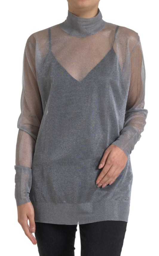  - Elegant Gray Long Sleeve Mesh Top