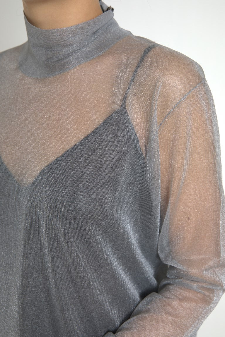  - Elegant Gray Long Sleeve Mesh Top