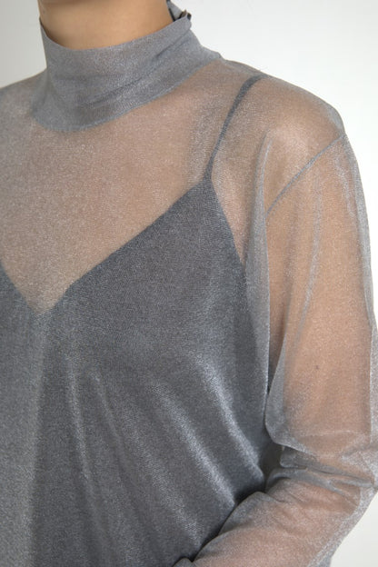  - Elegant Gray Long Sleeve Mesh Top