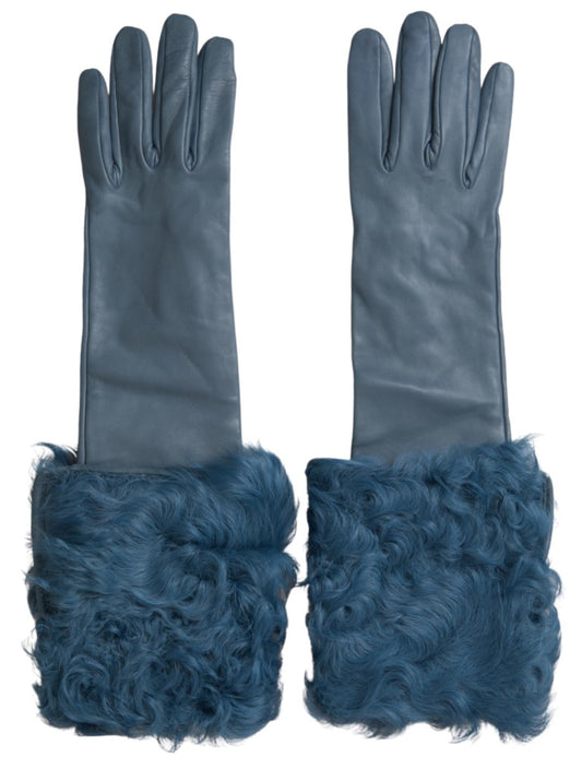  - Elegant Blue Leather Gloves with Fur Trim