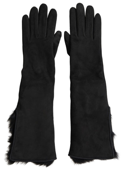  - Elegant Leather Elbow Length Gloves with Fur Trim