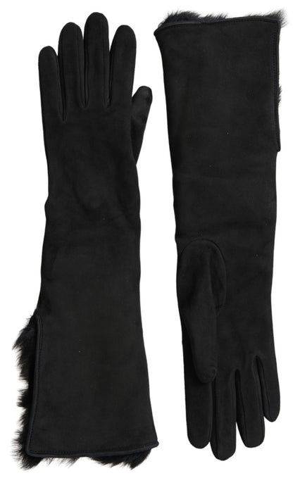  - Elegant Leather Elbow Length Gloves with Fur Trim