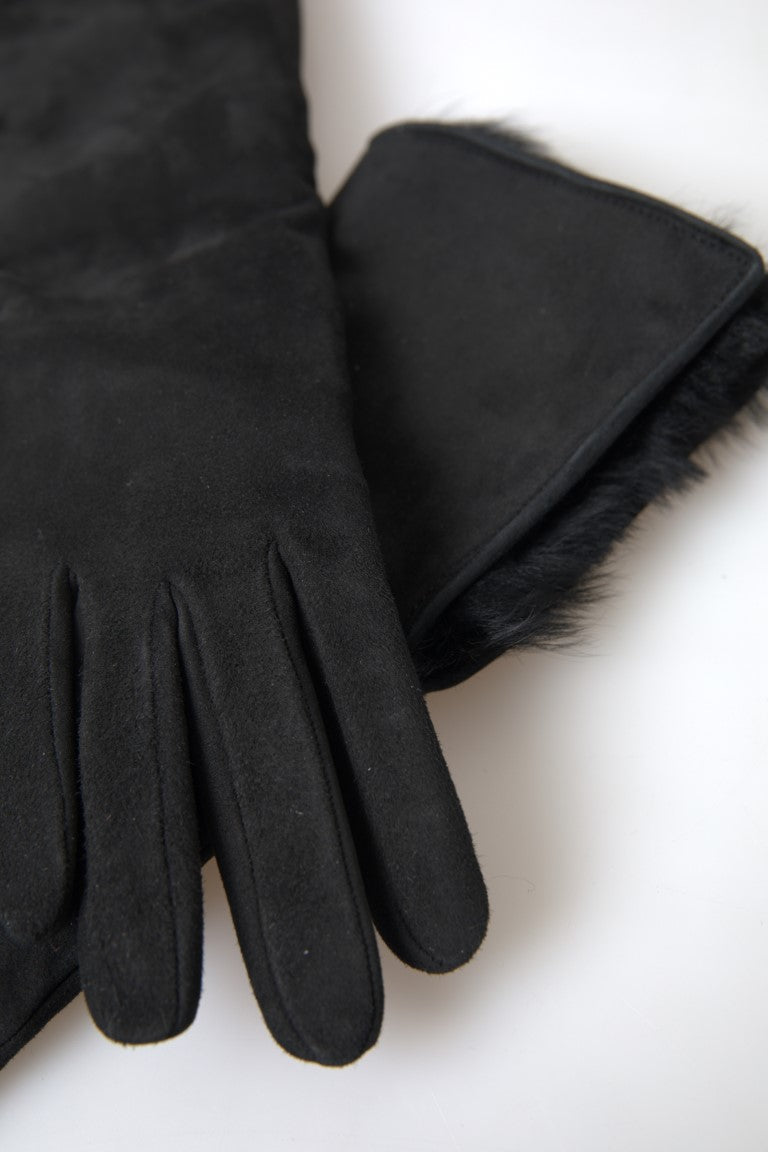  - Elegant Leather Elbow Length Gloves with Fur Trim