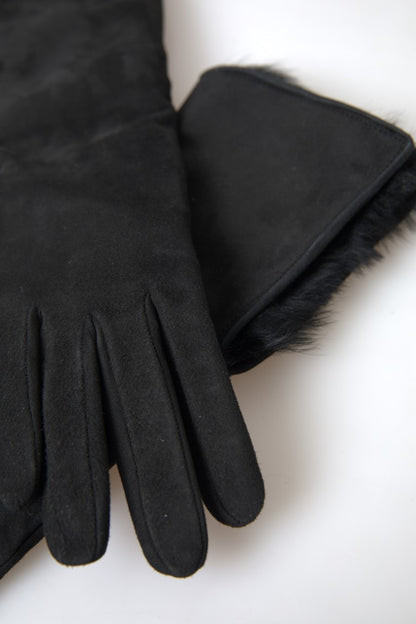  - Elegant Leather Elbow Length Gloves with Fur Trim