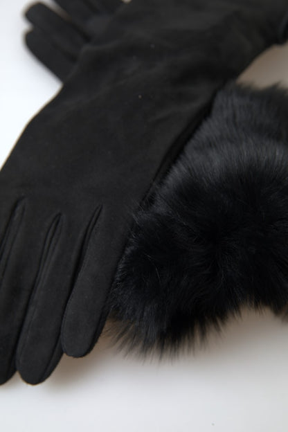  - Elegant Leather Elbow Length Gloves with Fur Trim