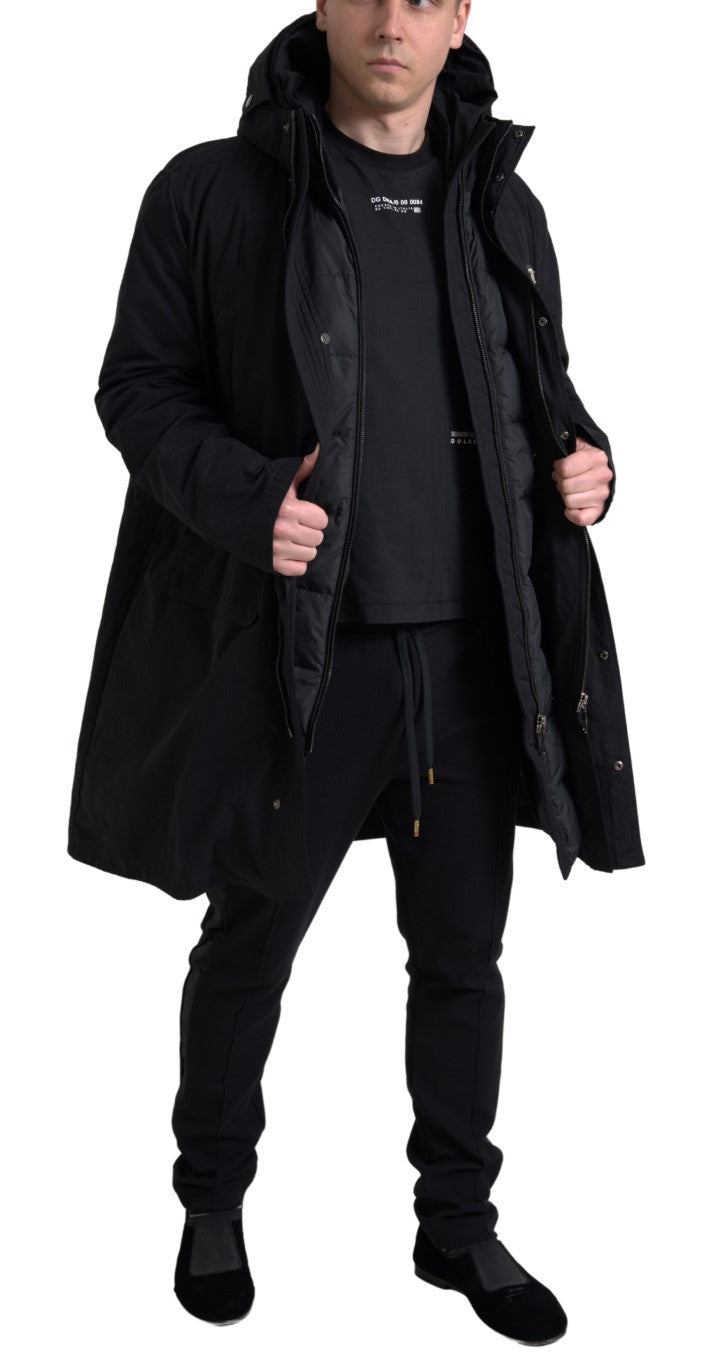  - Elegant Black Hooded Trench Coat