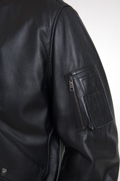  - Elegant Black Leather Bomber Jacket