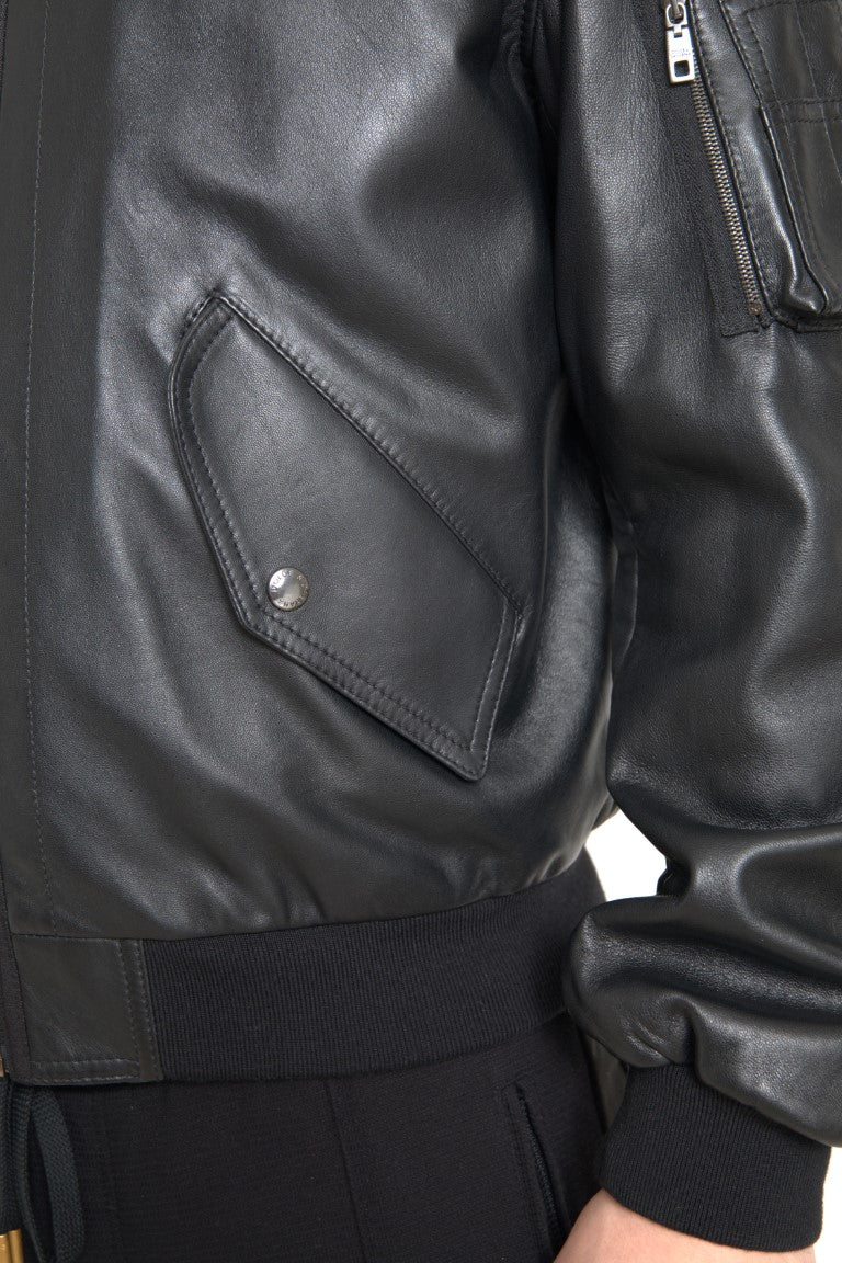  - Elegant Black Leather Bomber Jacket