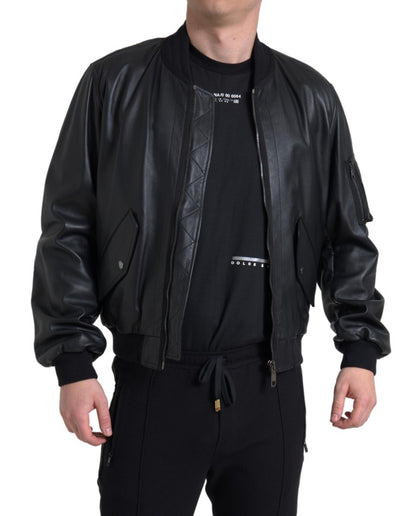  - Elegant Black Leather Bomber Jacket