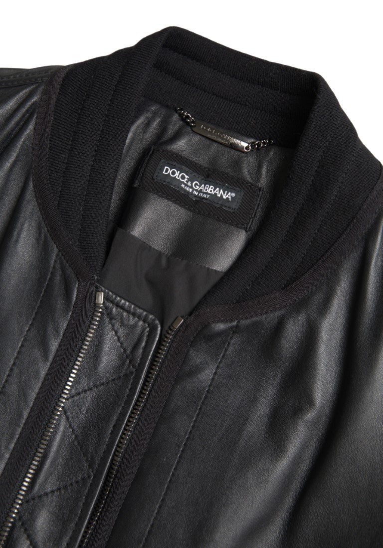  - Elegant Black Leather Bomber Jacket