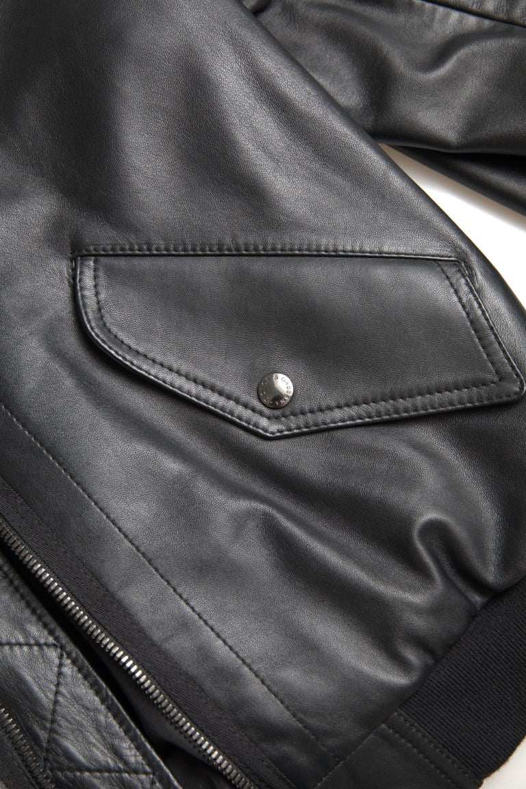  - Elegant Black Leather Bomber Jacket