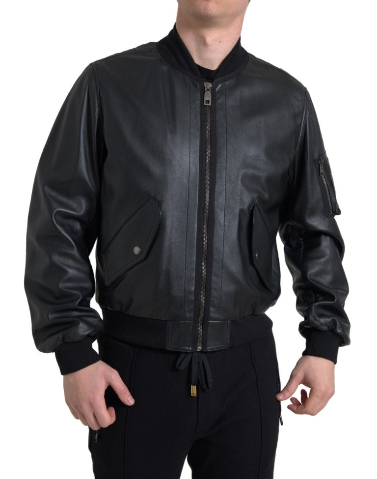  - Elegant Black Leather Bomber Jacket