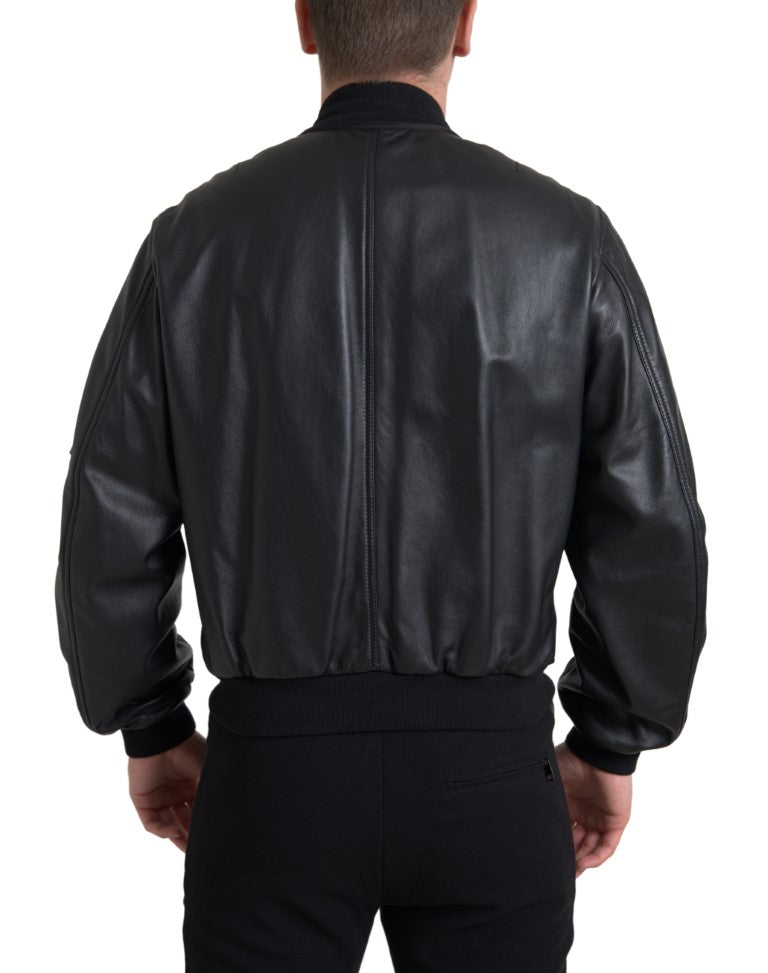  - Elegant Black Leather Bomber Jacket