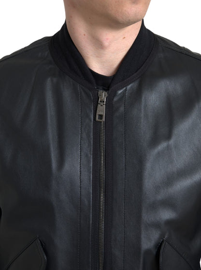  - Elegant Black Leather Bomber Jacket