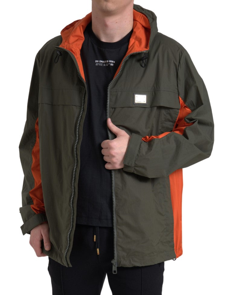  - Elegant Hooded Full Zip Jacket in Green and Orange