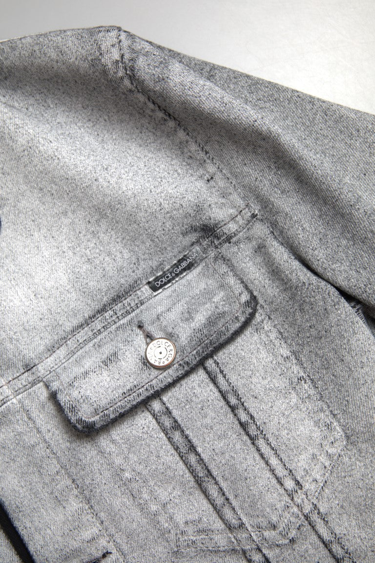  - Elegant Gray Cotton Stretch Denim Jacket