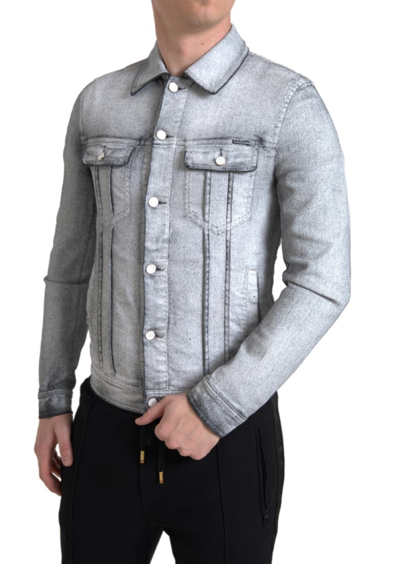  - Elegant Gray Cotton Stretch Denim Jacket