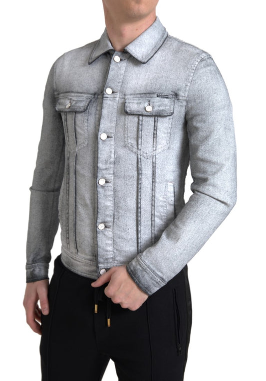  - Elegant Gray Cotton Stretch Denim Jacket