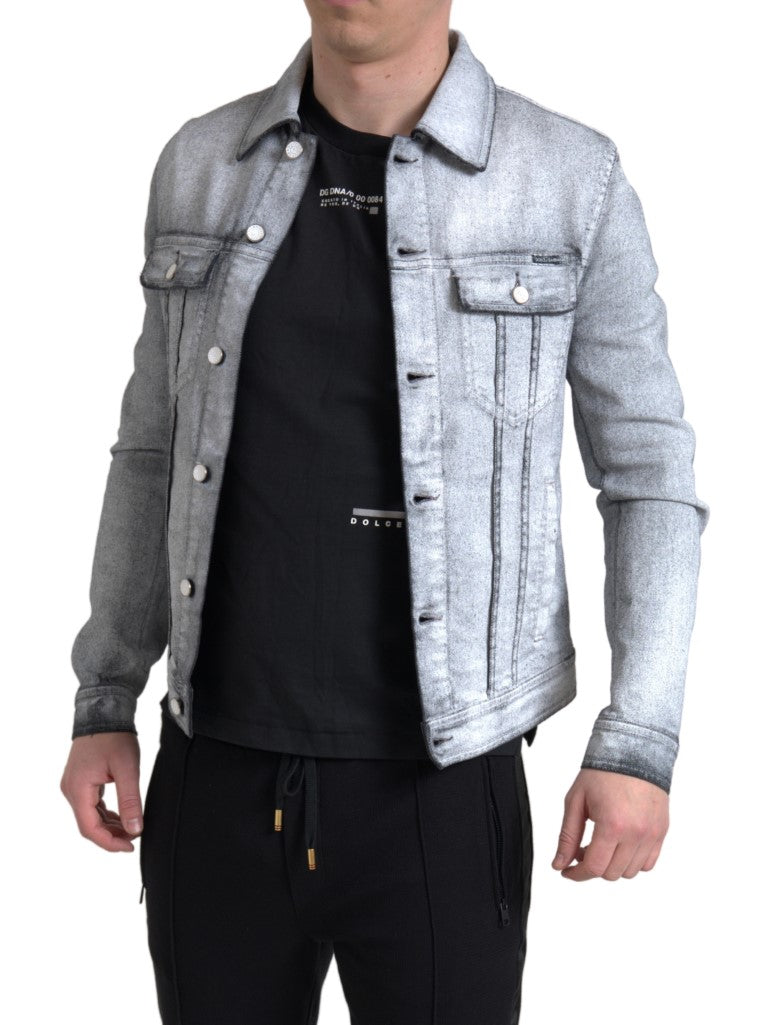  - Elegant Gray Cotton Stretch Denim Jacket