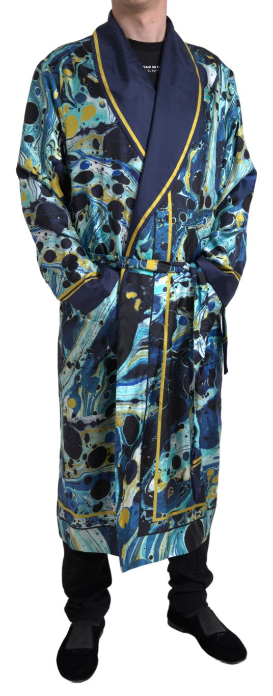  - Marble Blue Silk Long Robe Luxury Sleepwear