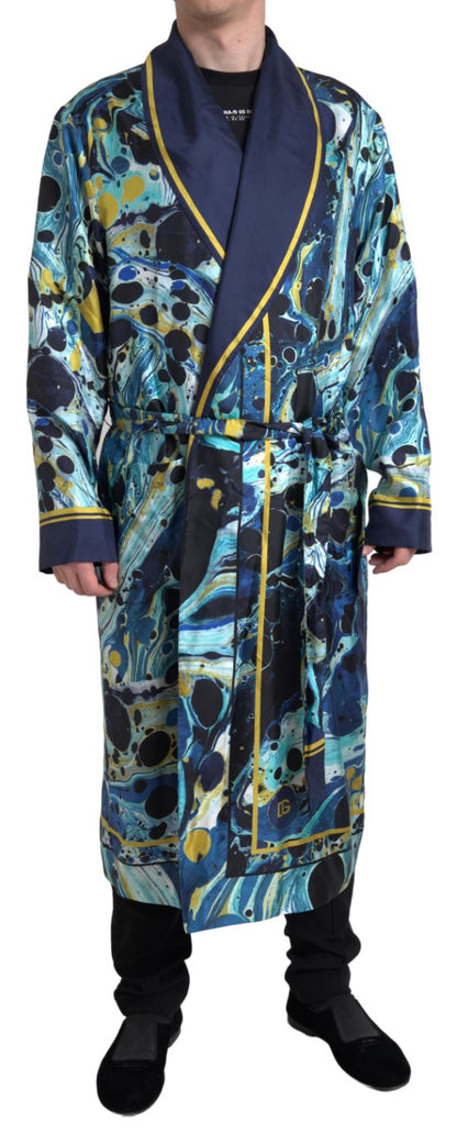  - Marble Blue Silk Long Robe Luxury Sleepwear