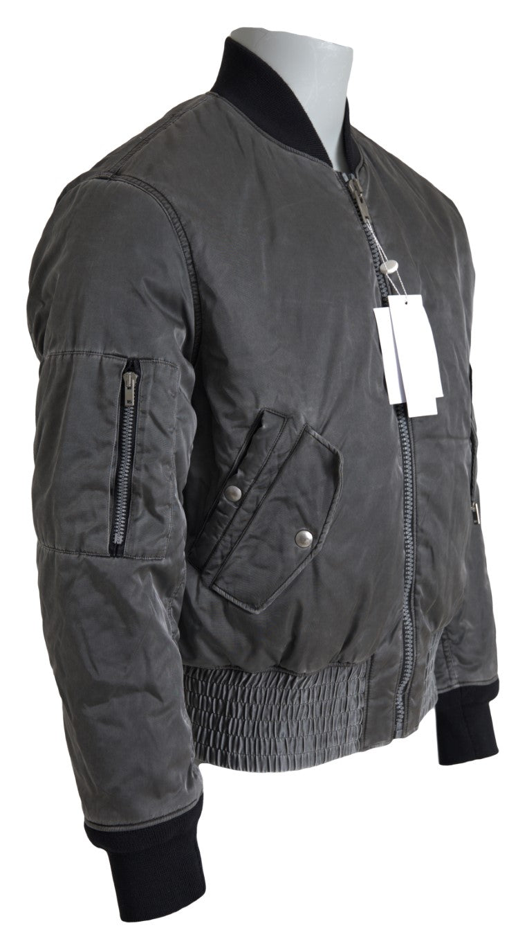  - Elegant Gray Bomber Jacket Full Zip Closure