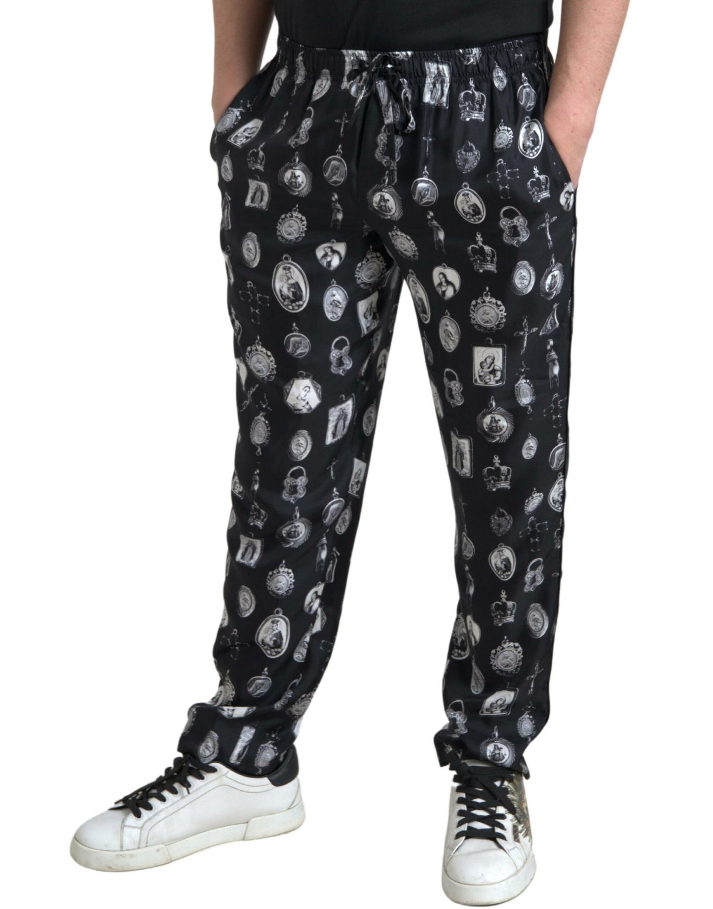  - Elegant Silk Joggers with Religious Print