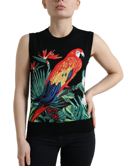  - Elegant Crew Neck Wool Silk Tank with Bird Embroidery