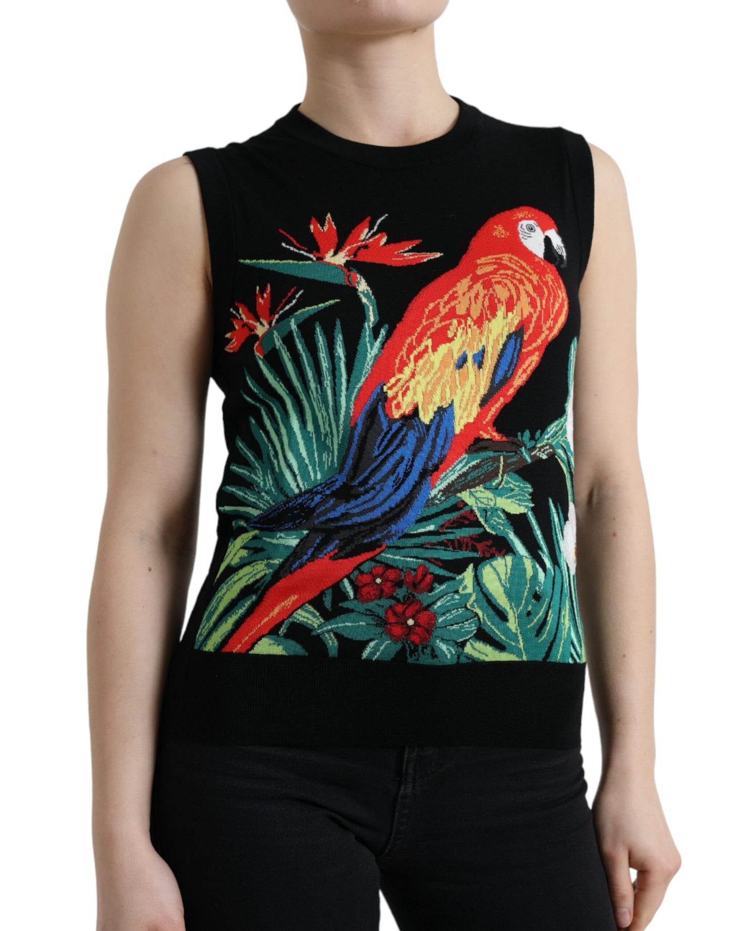  - Elegant Crew Neck Wool Silk Tank with Bird Embroidery