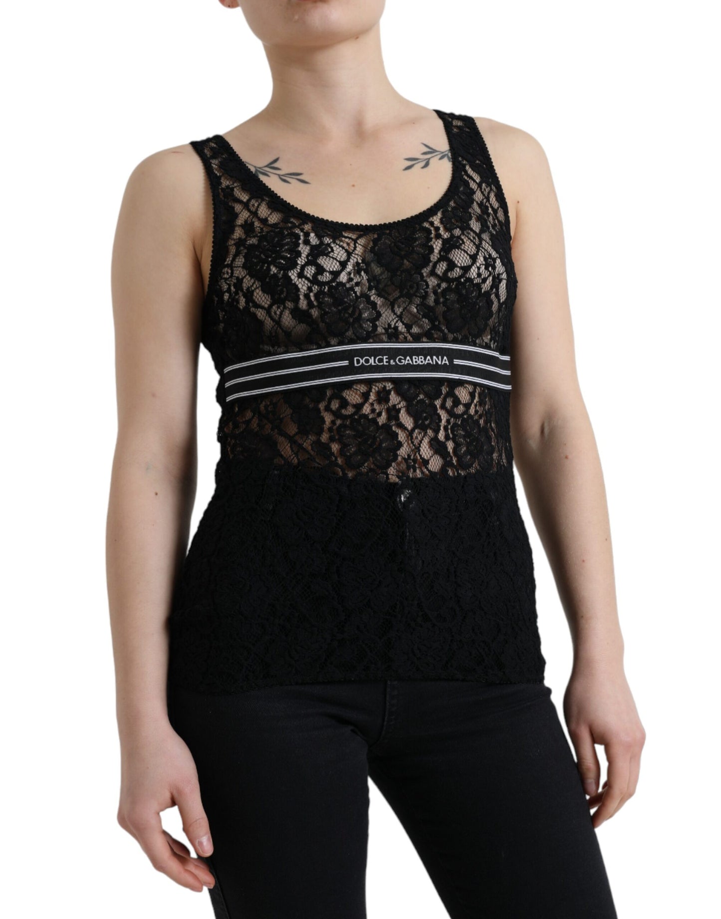  - Elegant Lace Tank Top with Logo Stripe