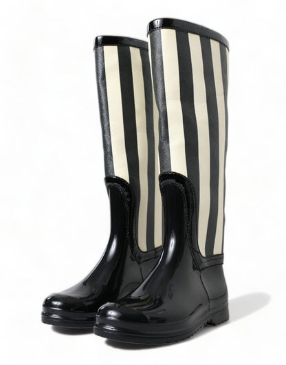  - Black and White Striped Knee High Boots