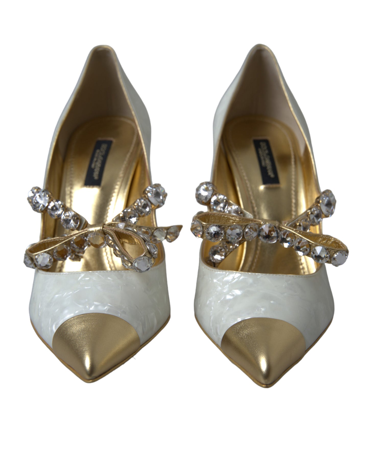  - Elegant White Patent Crystal Bow Heels