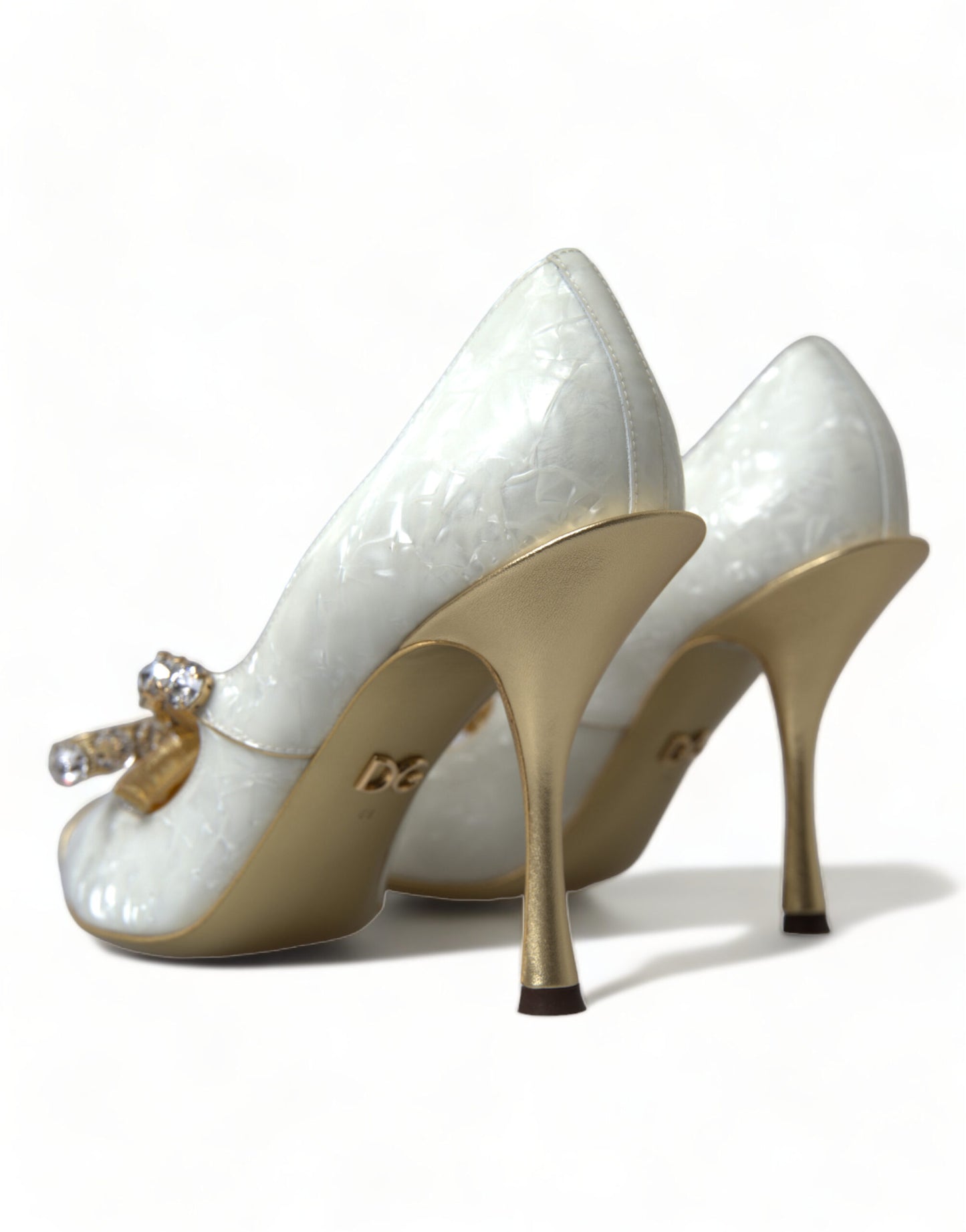  - Elegant White Patent Crystal Bow Heels