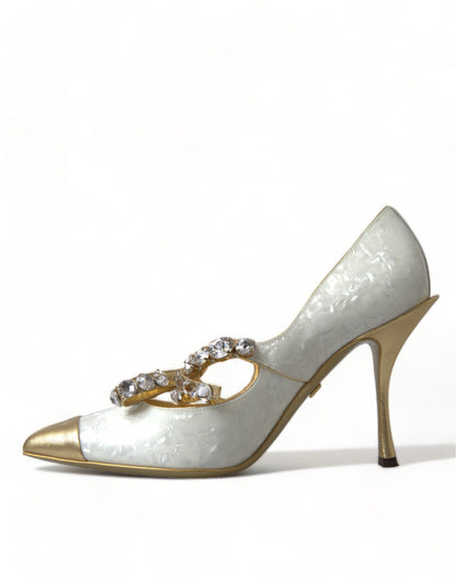  - Elegant White Patent Crystal Bow Heels