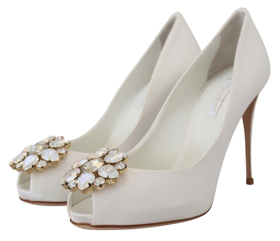  - Crystal-Embellished White Peep Toe Heels