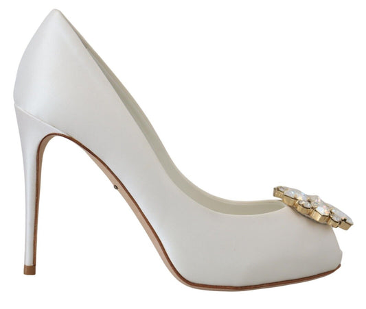  - Crystal-Embellished White Peep Toe Heels