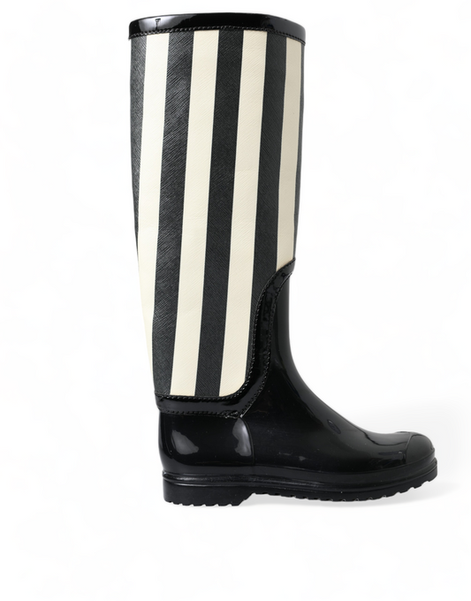  - Black and White Striped Knee High Boots