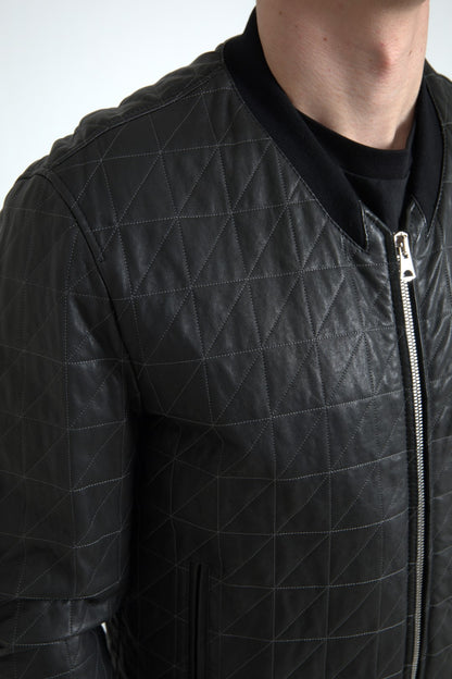  - Elegant Black Leather Bomber Jacket