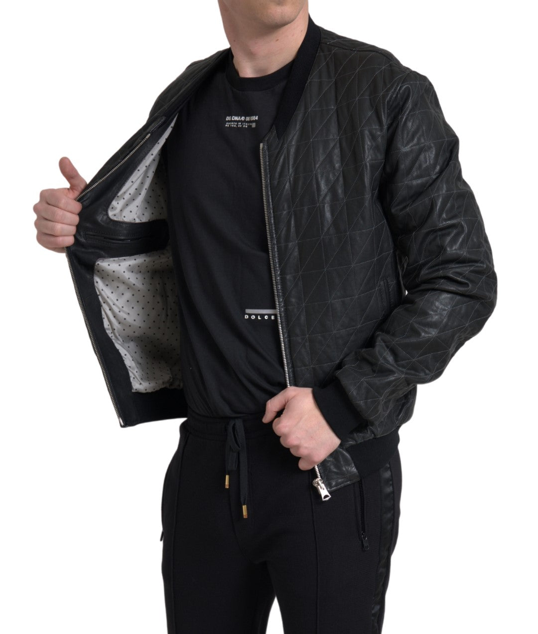  - Elegant Black Leather Bomber Jacket