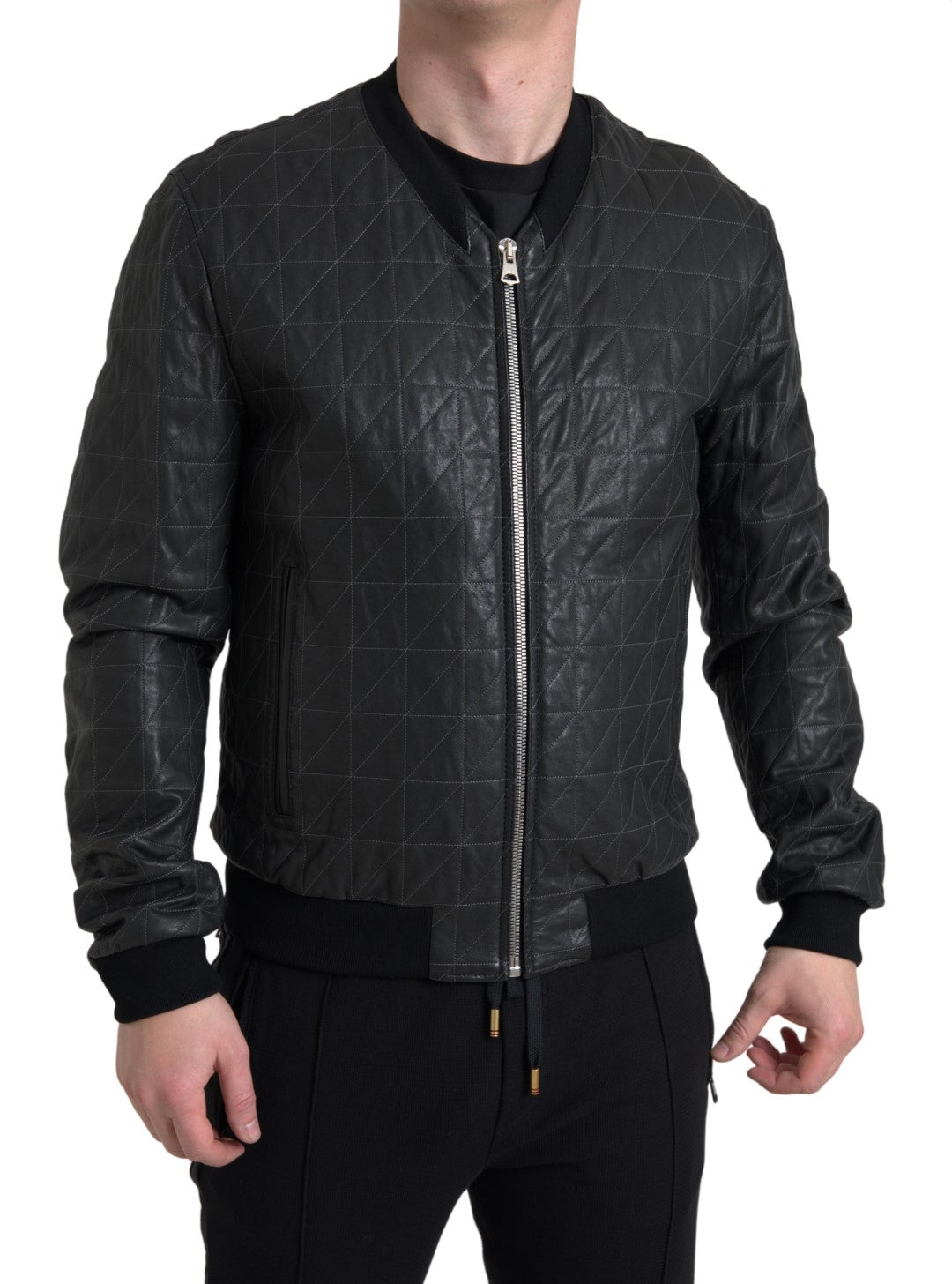  - Elegant Black Leather Bomber Jacket