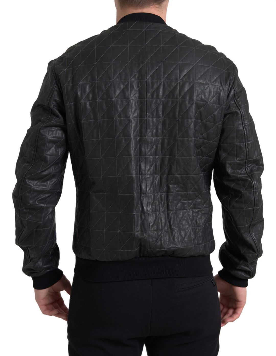  - Elegant Black Leather Bomber Jacket