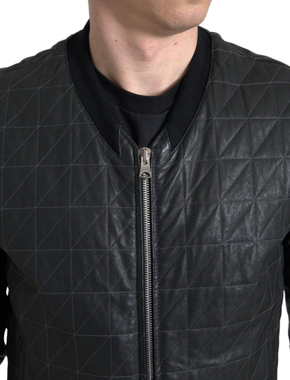  - Elegant Black Leather Bomber Jacket