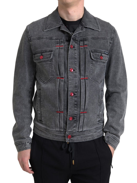  - Elegant Gray Stretch Denim Jacket